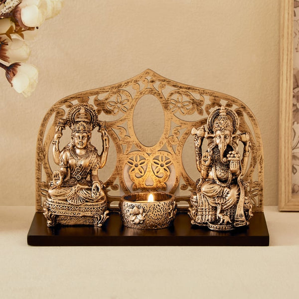 Divine Gold Ganesha & Laxmi Statue with Tealight Holder | Polyresin Idols for Wealth, Wisdom, Diwali & Auspicious Home Temple Decor Gift