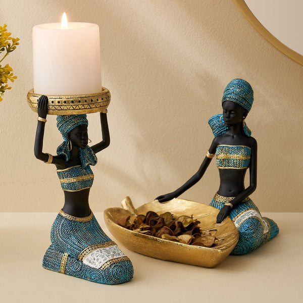 Karigaari India Resin Woman Figurine Set with Candle Holder and Decorative Tray | Handmade Blue Polka Dot Accent for Home Decor Living Room Tabletop Gift Showpiece