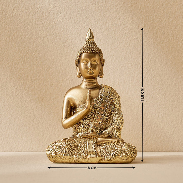 Antique Golden Buddha Statue for Home Decor | Resin Sitting Buddha Idol in Blessing Pose | Peaceful Spiritual Sculpture for Living Room & Office - Karigaari India Aesthetic Home Decor