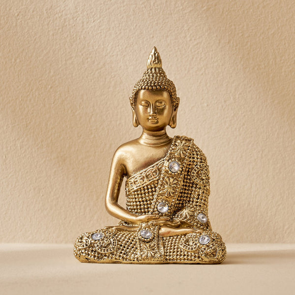 Antique Golden Buddha Statue for Home Decor Resin Meditating Idol with Crystal Detailing-Resin Sitting Buddha Idol for Home & Office Decor | Peace & Prosperity Showpiece Gift
