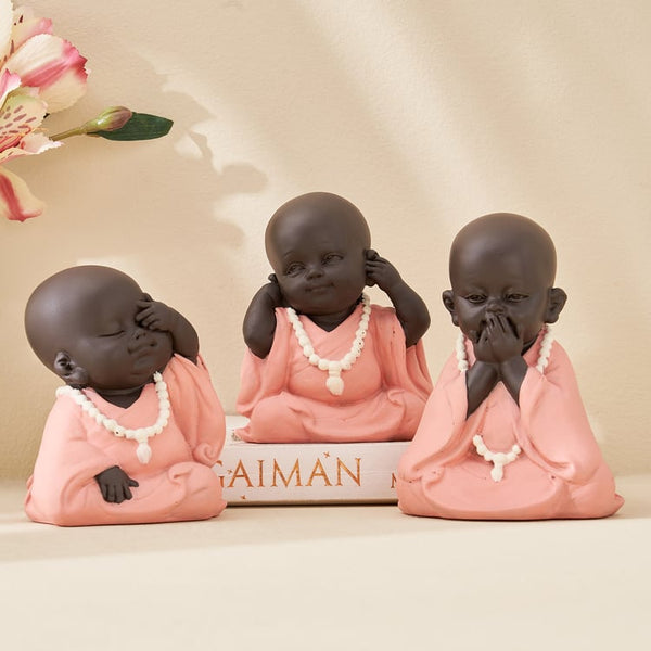 Adorable Set of 3 Mini Monk Buddha Statues in Pink Robes with Pearl Necklaces  | Peaceful Zen Baby Buddha Figurines for Home Decor, Office & Calming Spiritual Gift