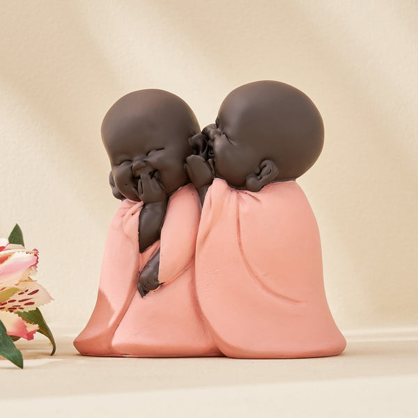 Twin Baby Monk Statue in Pink Robes Positive Energy Showpiece for Home Deco-Resin Monk Pair Statue