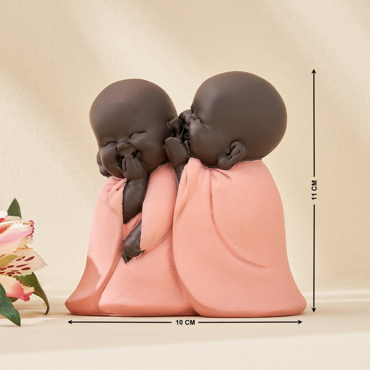 Twin Baby Monk Statue in Pink Robes Positive Energy Showpiece for Home Deco-Resin Monk Pair Statue - Karigaari India Aesthetic Home Decor