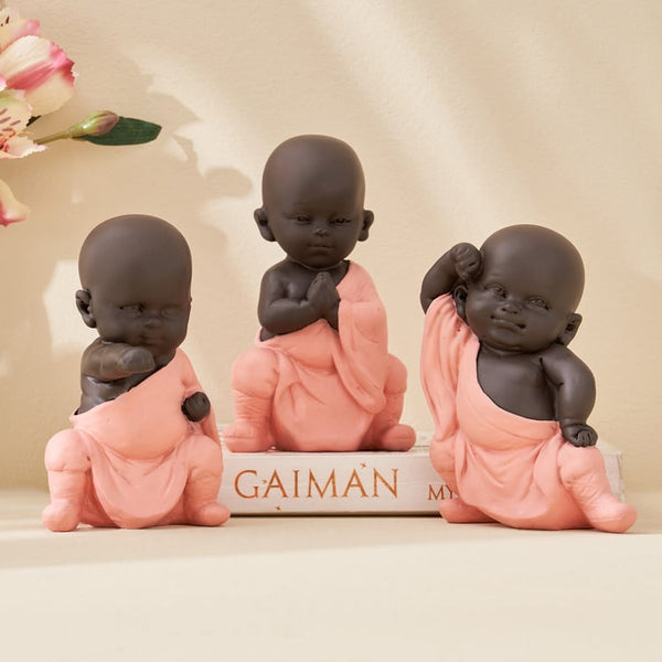 Charming Set of 3 Mini Monk Buddha Statues in Pink Robes  | Peaceful Zen Baby Buddha Figurines for Home Decor, Office Desk & Calming Spiritual Gifts