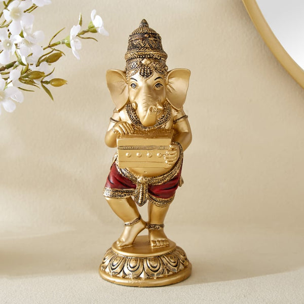 Joyful Golden Lord Ganesha with Musical Box Statue  | Polyresin Standing Ganesh Idol for Prosperity, Harmony, Arts & Festive Home Decor Gift