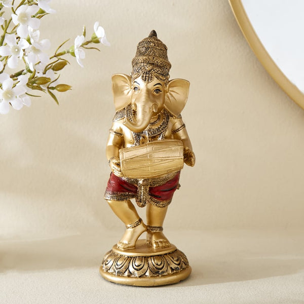 Dynamic Lord Ganesha with Dholak Statue  | Polyresin Golden Musical Ganesh Figurine for Joy, Prosperity, Harmony & Festive Home Decor Gift