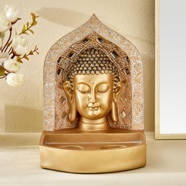 Serene Gold Buddha Head Statue with Tealight Holder  | Polyresin Meditating Buddha for Zen Decor, Spiritual Home Accent & Relaxation Gift