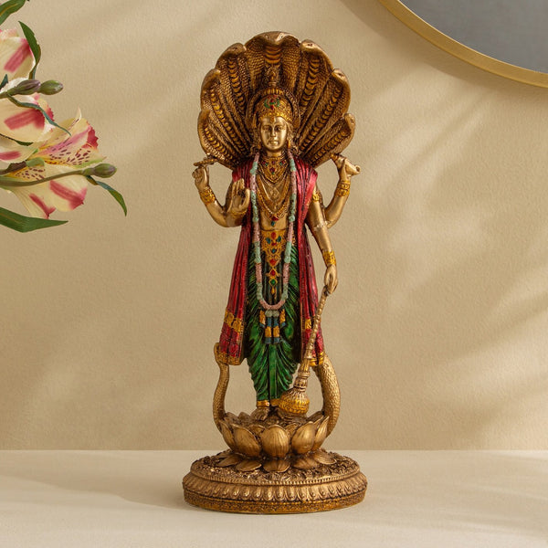 Premium Resin Lord Vishnu Statue with Sheshnag | Elegant Hindu God Idol for Home Temple, Office & Gifting | Antique Gold Finish Decorative Figurine