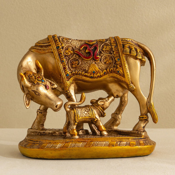 Divine Kamadhenu Cow & Calf Figurine  | Polyresin Holy Cow Statue for Prosperity, Abundance, Vastu & Auspicious Home Decor Gift