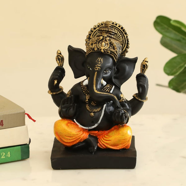 Striking Black & Gold Seated Lord Ganesha Statue  | Polyresin Ganesha Figurine for Wisdom, Prosperity, Obstacle Remover & Modern Spiritual Home Decor Gift