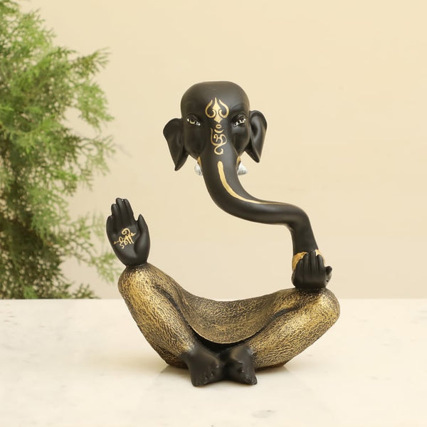 Striking Black & Gold Seated Lord Ganesha Statue  | Polyresin Ganesha Figurine for Wisdom, Prosperity, Obstacle Remover & Modern Spiritual Home Decor Gift