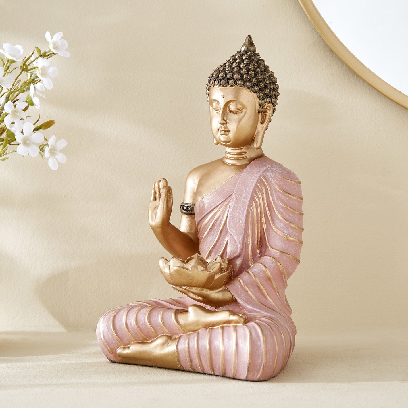 Rose Gold Buddha Statue Blessing Mudra | Pink Buddha Figurine