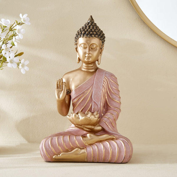 Rose Gold Buddha Statue Blessing Mudra | Pink Buddha Figurine | Zen Buddhist Home Decor | Meditation Room Sculpture | Resin Sitting Buddha | Spiritual Feng Shui Gift | Mindfulness Ornament