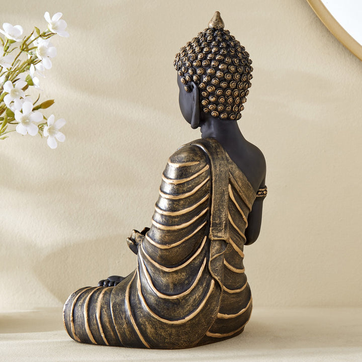 Black Gold Buddha Statue Meditation | Antique Finish Blessing Buddha Figurine | Zen Buddhist Home Decor | Abhaya Mudra Protection Sculpture | Resin Sitting Buddha | Spiritual Feng Shui Gift | - Karigaari India Aesthetic Home Decor