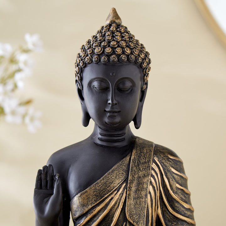 Black Gold Buddha Statue Meditation | Antique Finish Blessing Buddha Figurine | Zen Buddhist Home Decor | Abhaya Mudra Protection Sculpture | Resin Sitting Buddha | Spiritual Feng Shui Gift | - Karigaari India Aesthetic Home Decor