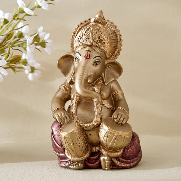 Dynamic Lord Ganesha with Dholak Statue  | Polyresin Golden Musical Ganesh Figurine for Joy, Prosperity, Harmony & Festive Home Decor Gift