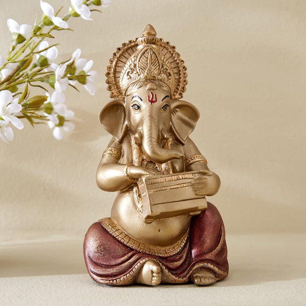 Auspicious Seated Lord Ganesha Statue with Musical Box / Miniature Harmonium | Premium Golden Polyresin Idol for Prosperity, Wisdom & Divine Home Decor Gift