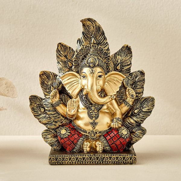 Karigaari India Ganesha Idol with Golden Feathers | Elegant Resin Ganpati Statue for Home Décor, Mandir & Spiritual Gifting | Luxurious Lord Ganesha Figurine