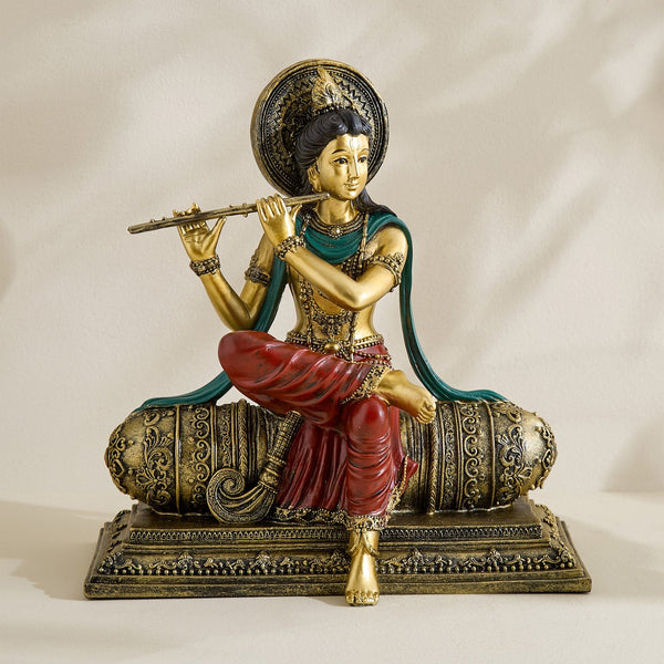 Karigaari India Elegant Resin Krishna Figurine Lord Krishna Playing Flute Decorative Home Décor Collectible Gift Item
