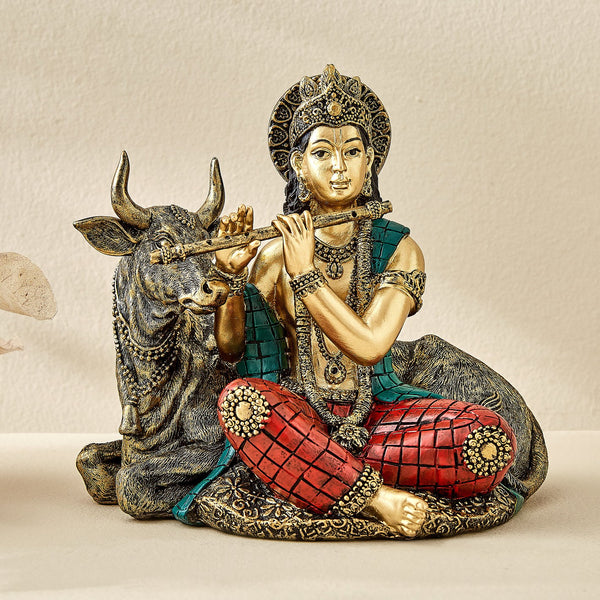 Karigaari India Lord Krishna Idol Playing Flute with Cow | Elegant Resin Krishna Statue for Home Décor, Mandir & Spiritual Gifting | Govinda Figurine for Positivity & Auspicious Vibes