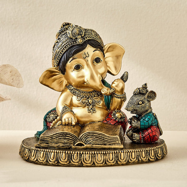 Karigaari India Resin Ganesha Reading Book Idol with Mushak | Elegant Ganpati Statue for Home Decor, Study Table, Office Desk, Spiritual Gift for Knowledge & Wisdom