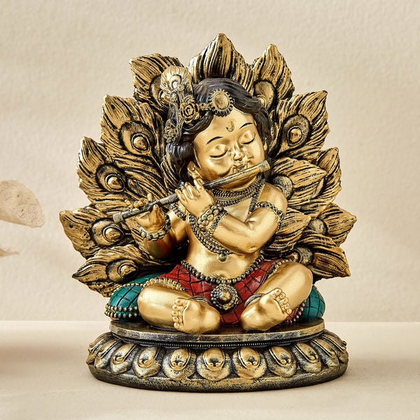 Karigaari India Baby Krishna Idol Playing Flute | Resin Lord Krishna Statue with Peacock Design for Home Décor, Mandir & Spiritual Gifting