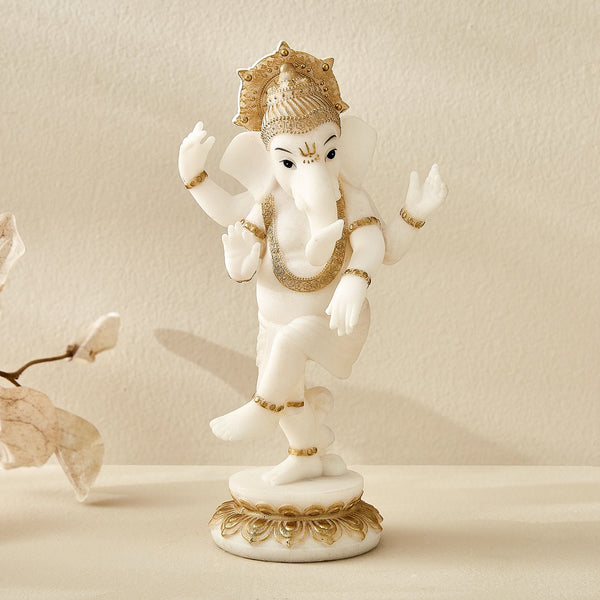 White & Gold Dancing Ganesha Showpiece | Elegant Resin Lord Ganesha Idol for Home Décor & Spiritual Gifting | Decorative Hindu God Statue