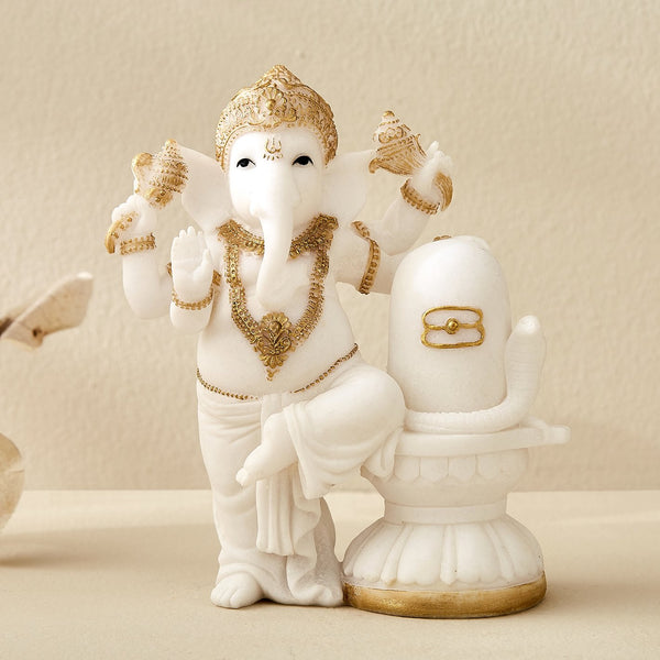 Karigaari India Ganesha Standing with Shivling Idol | Elegant Resin Ganpati Statue for Home Décor, Pooja Mandir & Spiritual Gifting | Auspicious Lord Ganesha Figurine with Shivling