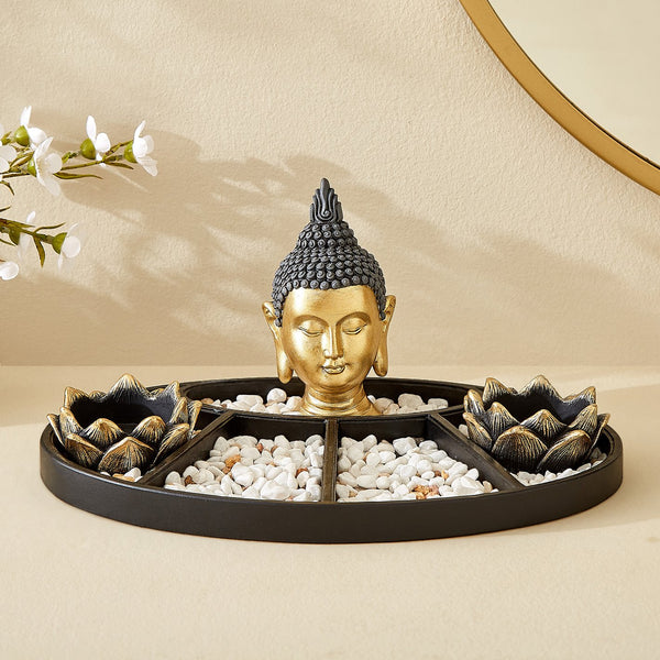 Resin Buddha Face Tealight Candle Holder | Black & Gold Spiritual Showpiece for Home Temple, Relaxation Corners & Festive Gifting
