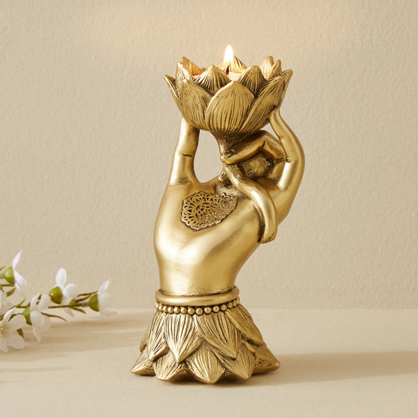 Buddha Hand Lotus Diya Holder | Elegant Resin Candle Holder for Home Decor, Meditation & Festive Lighting
