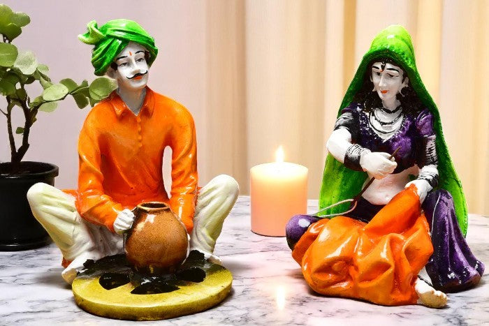 Traditional Indian Couple Figurine Set - Karigaari India Aesthetic Home Decor