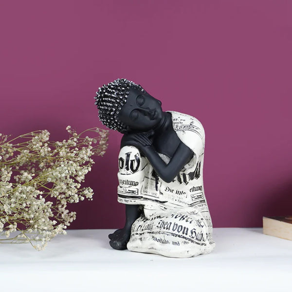 Modern Antique Buddha Statue with Newspaper Print Robe | Resin Meditation Figurine for Home Decor | Artistic Buddha Idol for Shelf, Table & Gifting