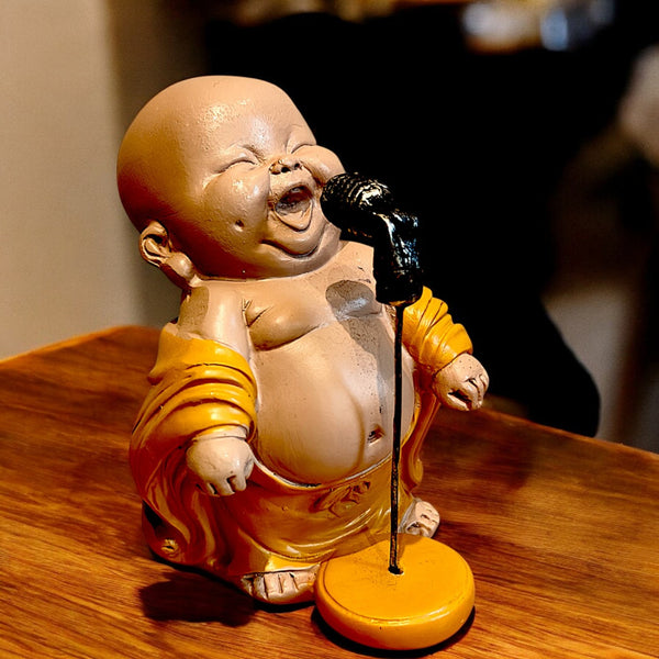 Baby Buddha Singing Resin Statue | Peaceful Monk Figurine Holding a Cat | Spiritual Home Decor & Gift Showpiece for Meditation & Positive Energy