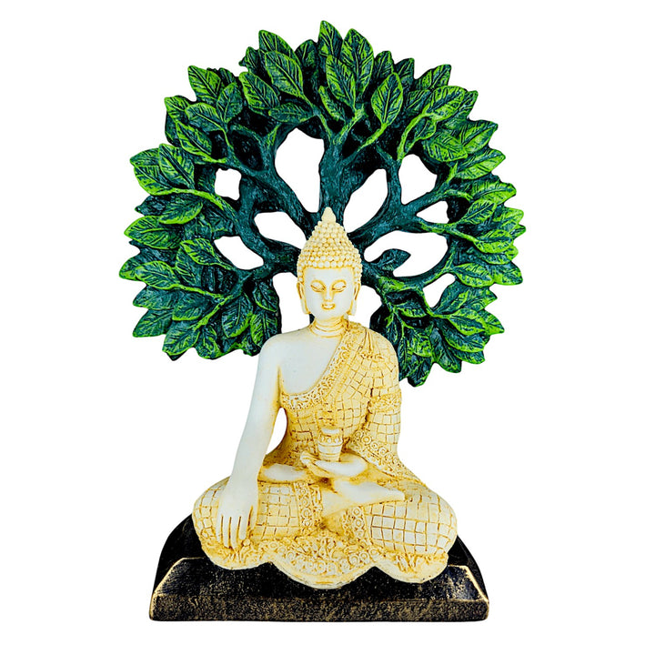 Resin Buddha Statue on Bodhi Leaf Base | Meditative Buddha Figurine for Home Decor, Peace Corners & Gifting | Spiritual Showpiece for Positive Vibes - Karigaari India Aesthetic Home Decor