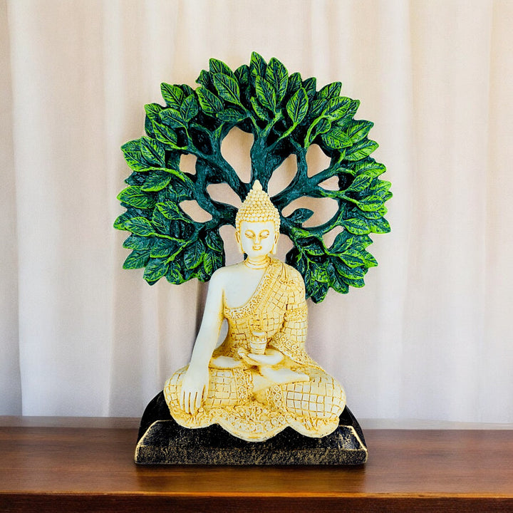 Resin Buddha Statue on Bodhi Leaf Base | Meditative Buddha Figurine for Home Decor, Peace Corners & Gifting | Spiritual Showpiece for Positive Vibes - Karigaari India Aesthetic Home Decor