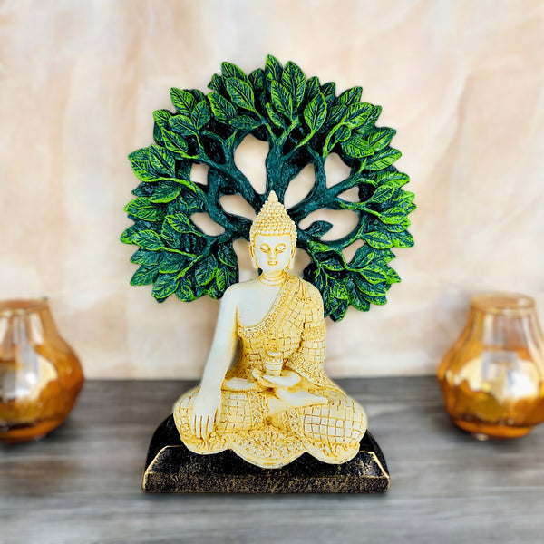 Resin Buddha Statue on Bodhi Leaf Base | Meditative Buddha Figurine for Home Decor, Peace Corners & Gifting | Spiritual Showpiece for Positive Vibes - Karigaari India Aesthetic Home Decor