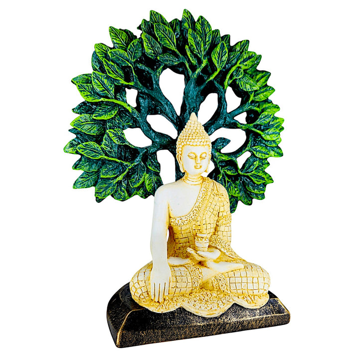 Resin Buddha Statue on Bodhi Leaf Base | Meditative Buddha Figurine for Home Decor, Peace Corners & Gifting | Spiritual Showpiece for Positive Vibes - Karigaari India Aesthetic Home Decor
