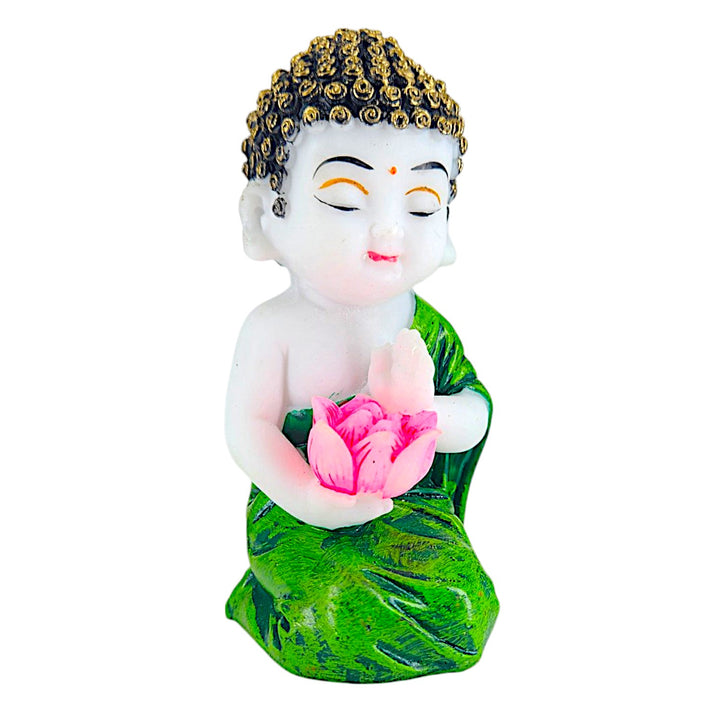 Serene Baby Monk with Lotus Green Robe Zen Enlightenment Idol - Karigaari India Aesthetic Home Decor