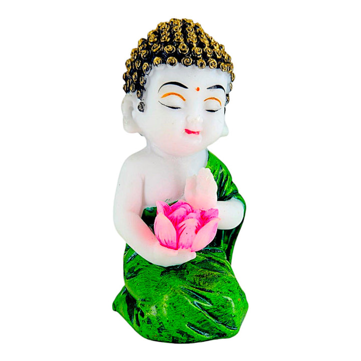Serene Baby Monk with Lotus Green Robe Zen Enlightenment Idol - Karigaari India Aesthetic Home Decor