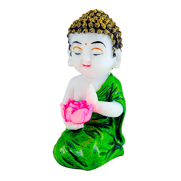 Serene Baby Monk with Lotus Green Robe Zen Enlightenment Idol - Karigaari India Aesthetic Home Decor