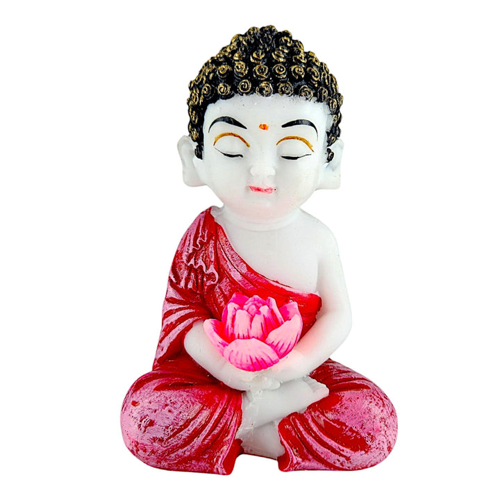 Set of 2 Resin Baby Buddha Idols with Lotus | Meditating Buddha Showpieces in Red Robe for Home Decor, Spiritual Corners & Gifting | - Karigaari India Aesthetic Home Decor
