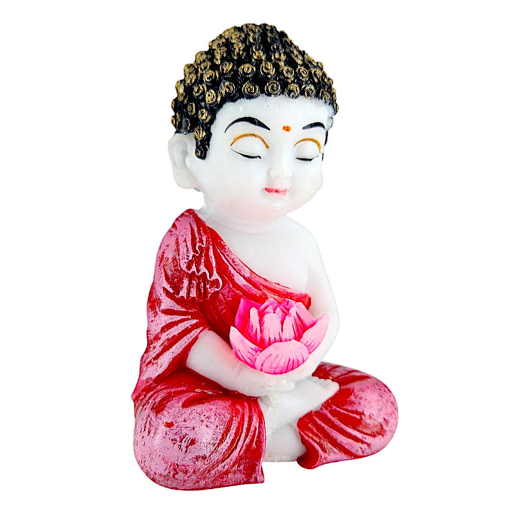 Set of 2 Resin Baby Buddha Idols with Lotus | Meditating Buddha Showpieces in Red Robe for Home Decor, Spiritual Corners & Gifting | - Karigaari India Aesthetic Home Decor