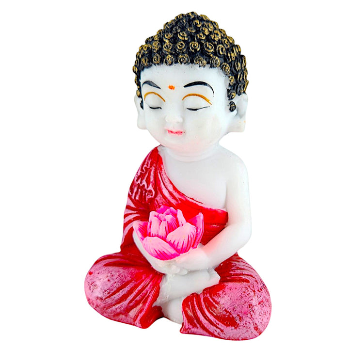 Set of 2 Resin Baby Buddha Idols with Lotus | Meditating Buddha Showpieces in Red Robe for Home Decor, Spiritual Corners & Gifting | - Karigaari India Aesthetic Home Decor