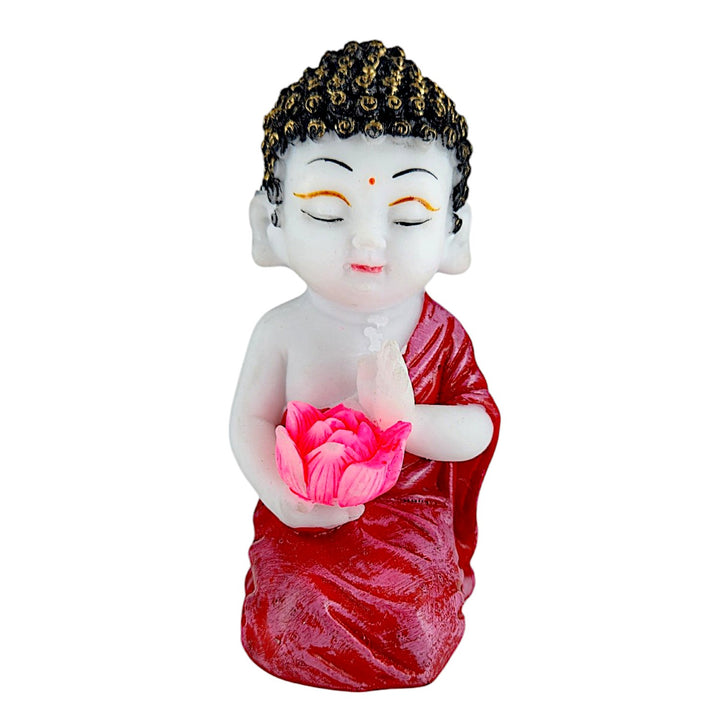 Resin Baby Buddha Idol Holding Pink Lotus Flower | Meditating Buddha Statue in Red Robe for Home Decor, Spiritual Corners & Gift Purposes | Vastu & Feng Shui Showpiece - Karigaari India Aesthetic Home Decor