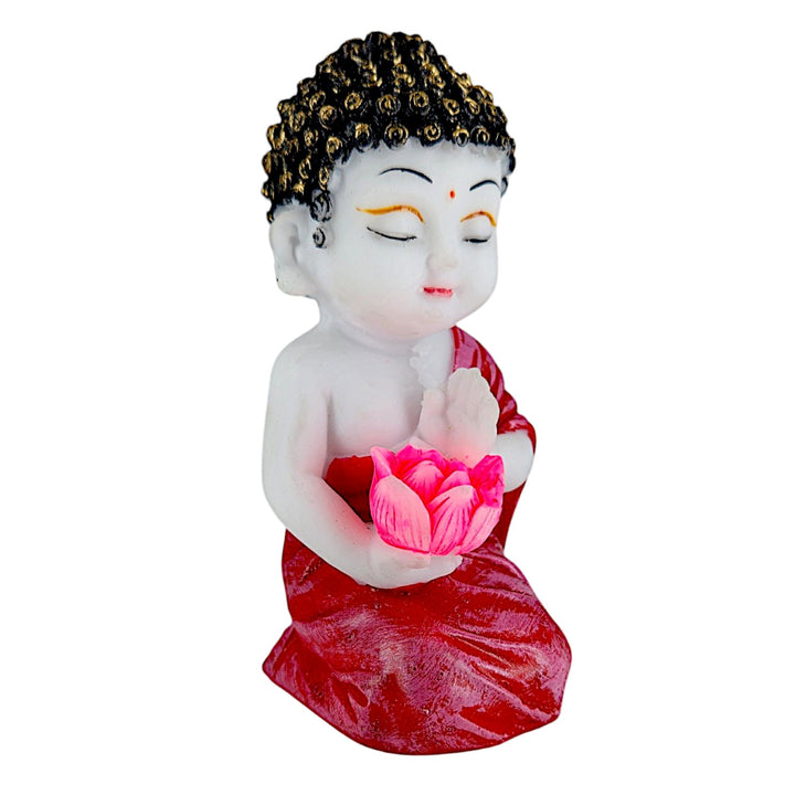 Resin Baby Buddha Idol Holding Pink Lotus Flower | Meditating Buddha Statue in Red Robe for Home Decor, Spiritual Corners & Gift Purposes | Vastu & Feng Shui Showpiece - Karigaari India Aesthetic Home Decor