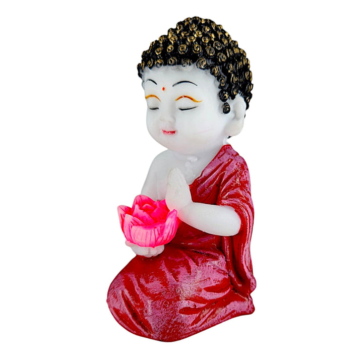 Resin Baby Buddha Idol Holding Pink Lotus Flower | Meditating Buddha Statue in Red Robe for Home Decor, Spiritual Corners & Gift Purposes | Vastu & Feng Shui Showpiece - Karigaari India Aesthetic Home Decor