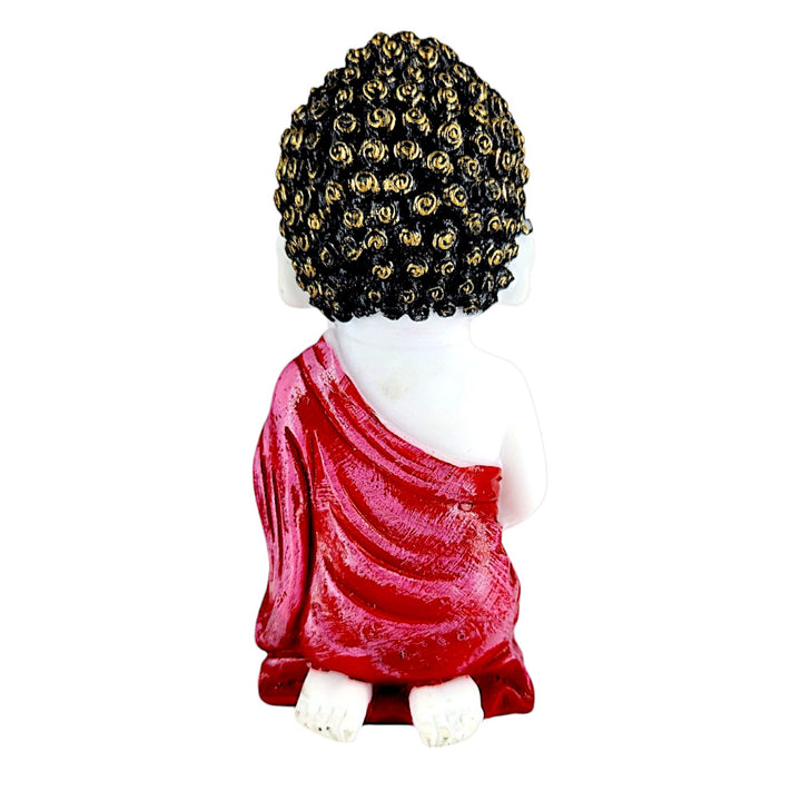 Resin Baby Buddha Idol Holding Pink Lotus Flower | Meditating Buddha Statue in Red Robe for Home Decor, Spiritual Corners & Gift Purposes | Vastu & Feng Shui Showpiece - Karigaari India Aesthetic Home Decor