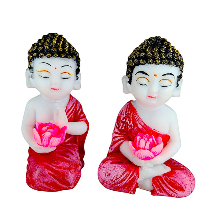 Set of 2 Resin Baby Buddha Idols with Lotus | Meditating Buddha Showpieces in Red Robe for Home Decor, Spiritual Corners & Gifting | - Karigaari India Aesthetic Home Decor