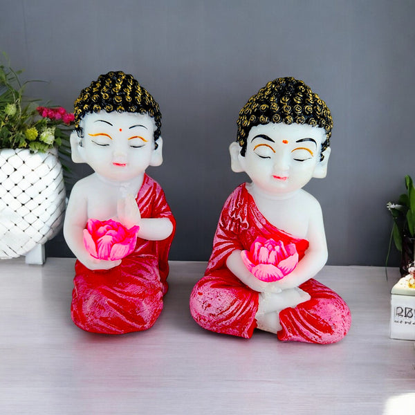 Set of 2 Resin Baby Buddha Idols with Lotus | Meditating Buddha Showpieces in Red Robe for Home Decor, Spiritual Corners & Gifting | - Karigaari India Aesthetic Home Decor
