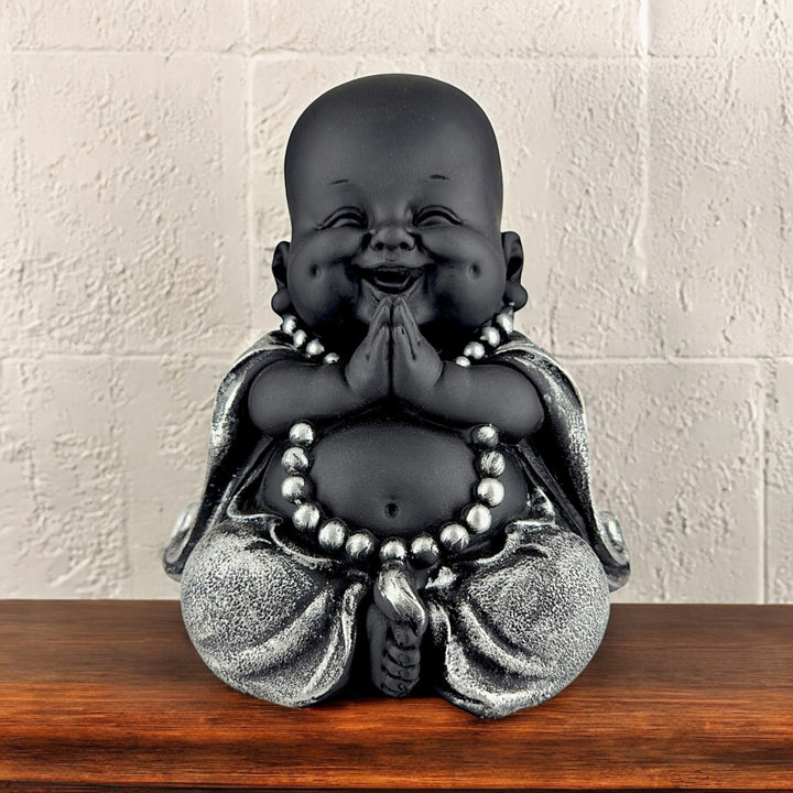 Black & Silver Laughing Buddha Idol | Resin Baby Monk Buddha for Home Decor, Office Desk & Gifting, Buddha gift for housewarming - Karigaari India Aesthetic Home Decor